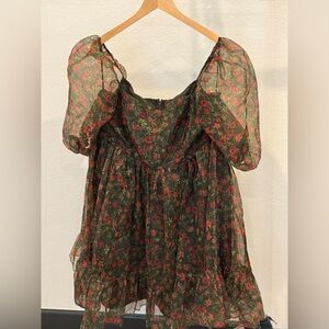 Selkie Style Puff Sleeve Floral Mini Dress Dark Cottagecore 2XL